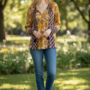Tribal Mustard and Navy Floral Blouse boho